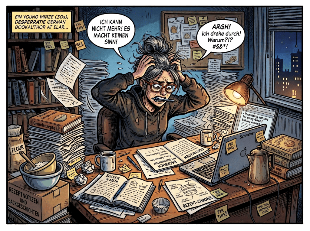 Stressed German romance author surrounded by papers, books, and writing notes