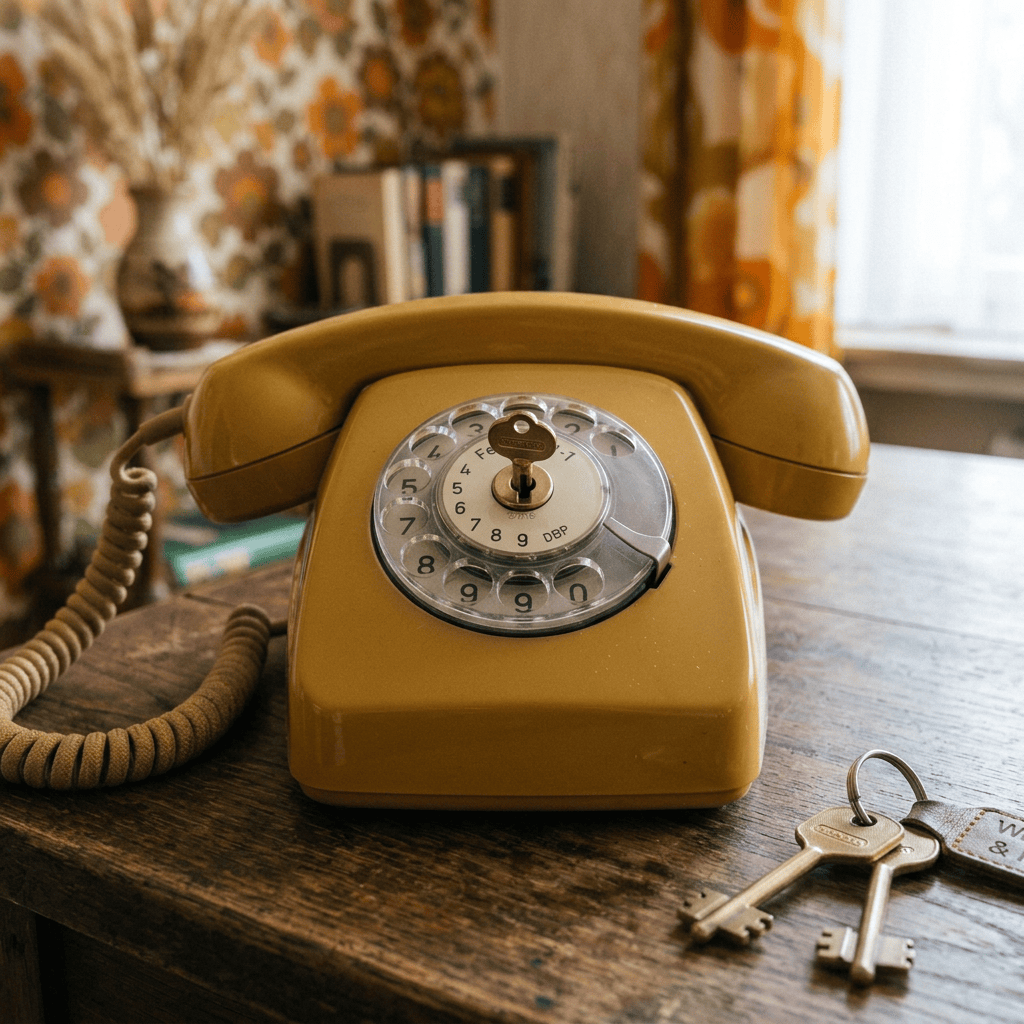 Mustard-yellow rotary telephone and keys on a wooden table
